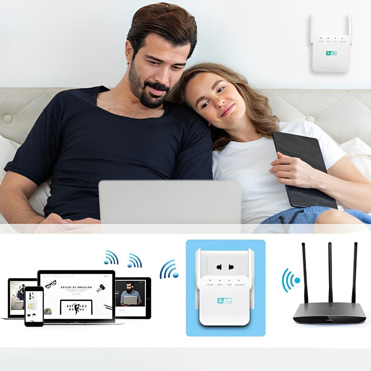 WiFi-versterker met muurdoordringende antenne en ondersteuning voor meerdere apparaten