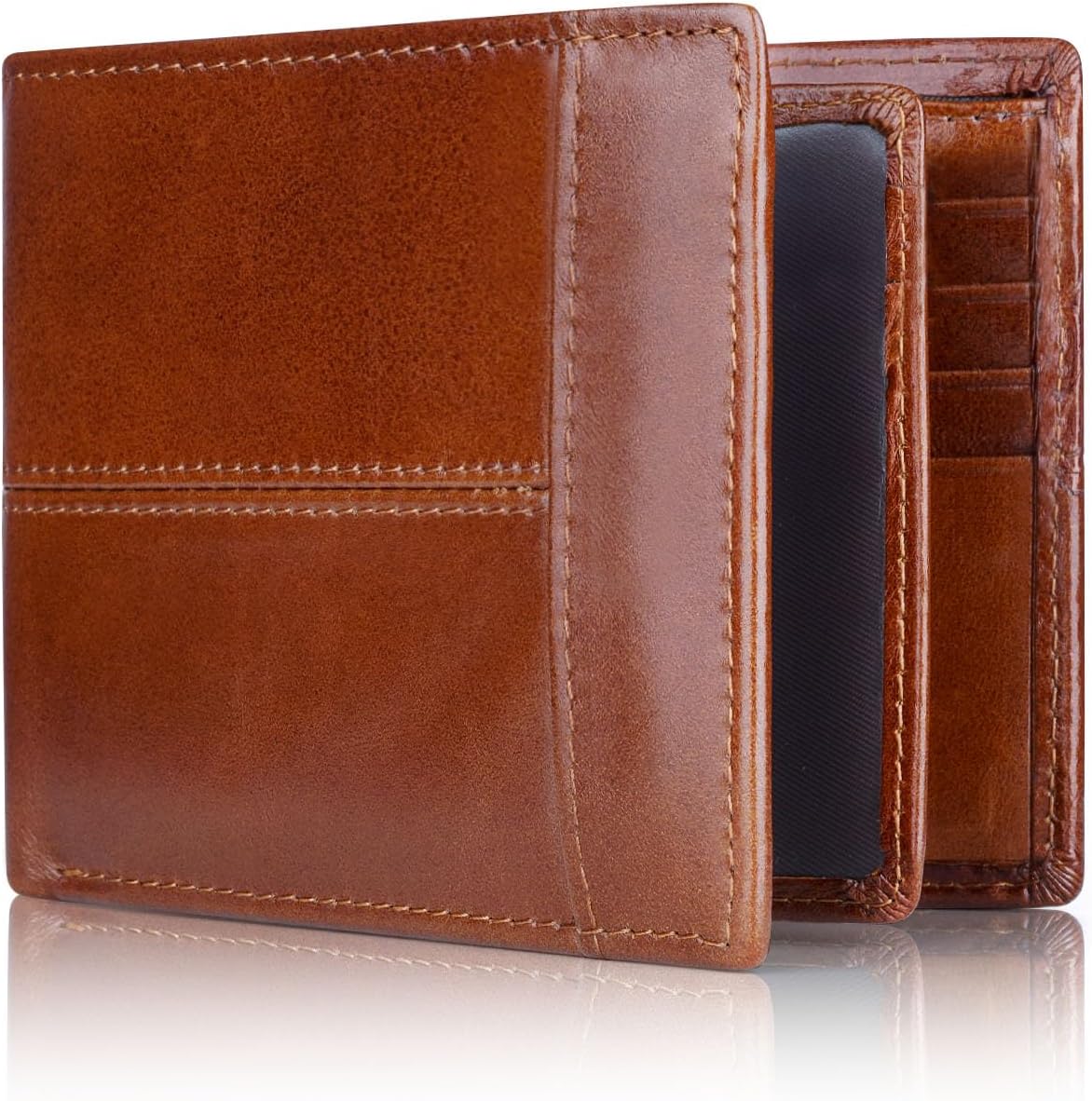 Echt lederen bifold portemonnee met RFID-bescherming voor heren – 16 kaartsleuven, ID-venster, geldhouder, klassiek vouwontwerp, slanke dagelijkse portemonnee