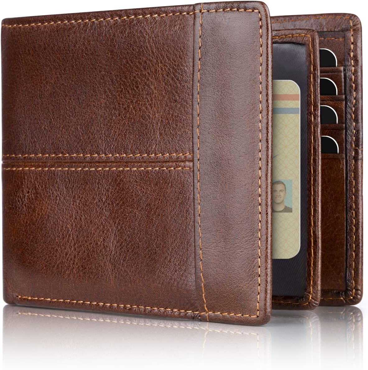 Echt lederen bifold portemonnee met RFID-bescherming voor heren – 16 kaartsleuven, ID-venster, geldhouder, klassiek vouwontwerp, slanke dagelijkse portemonnee