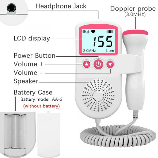Tragbarer Fetal-Doppler mit LCD-Display für die Schwangerschaft – Ultraschall-Gerät für werdende Mütter zur Überwachung des Herzschlags zu Hause