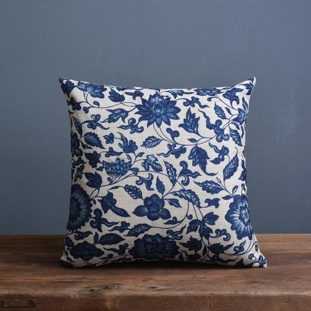 Throw Pillow Cover 18x18 Inches Blue Porcelain Print Linen Cotton Hidden Zipper for Couch Bedroom Chair Soft Textured Decorative Cushion Cas | Thomler