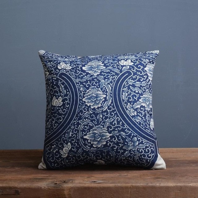 Throw Pillow Cover 18x18 Inches Blue Porcelain Print Linen Cotton Hidden Zipper for Couch Bedroom Chair Soft Textured Decorative Cushion Cas | Thomler
