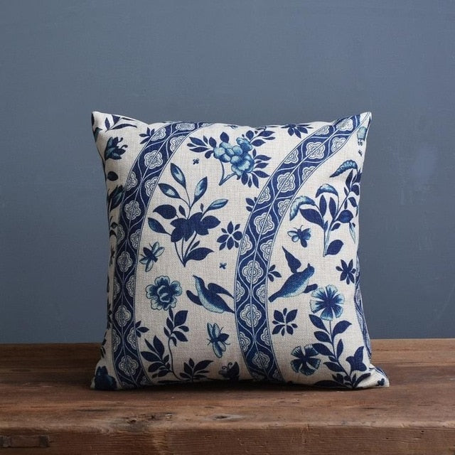Throw Pillow Cover 18x18 Inches Blue Porcelain Print Linen Cotton Hidden Zipper for Couch Bedroom Chair Soft Textured Decorative Cushion Cas | Thomler