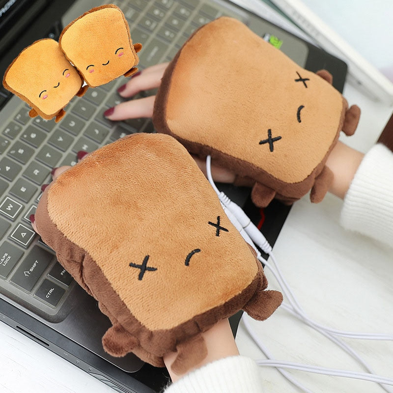 USB Heated Fingerless Gloves – Toast Shape Hand Warmers for Typing & Gaming