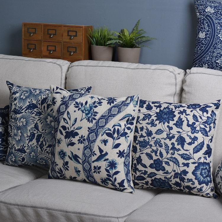 Throw Pillow Cover 18x18 Inches Blue Porcelain Print Linen Cotton Hidden Zipper for Couch Bedroom Chair Soft Textured Decorative Cushion Cas | Thomler