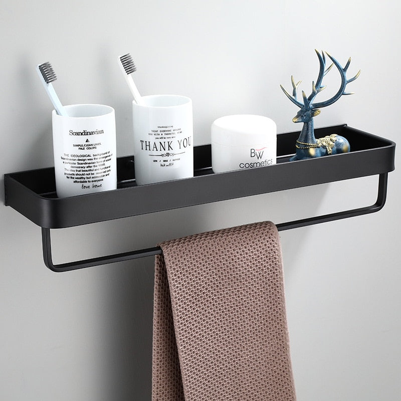 Floating Aluminum Storage Rack for Bathroom & Kitchen Organization | Space-Saving Wall Shelf with Towel Bar | Black Metal Organizer for Smal | Thomler
