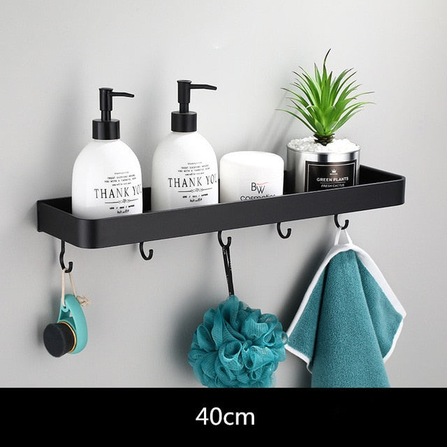 Floating Aluminum Storage Rack for Bathroom & Kitchen Organization | Space-Saving Wall Shelf with Towel Bar | Black Metal Organizer for Smal | Thomler