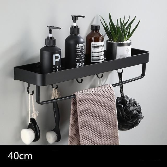Floating Aluminum Storage Rack for Bathroom & Kitchen Organization | Space-Saving Wall Shelf with Towel Bar | Black Metal Organizer for Smal | Thomler