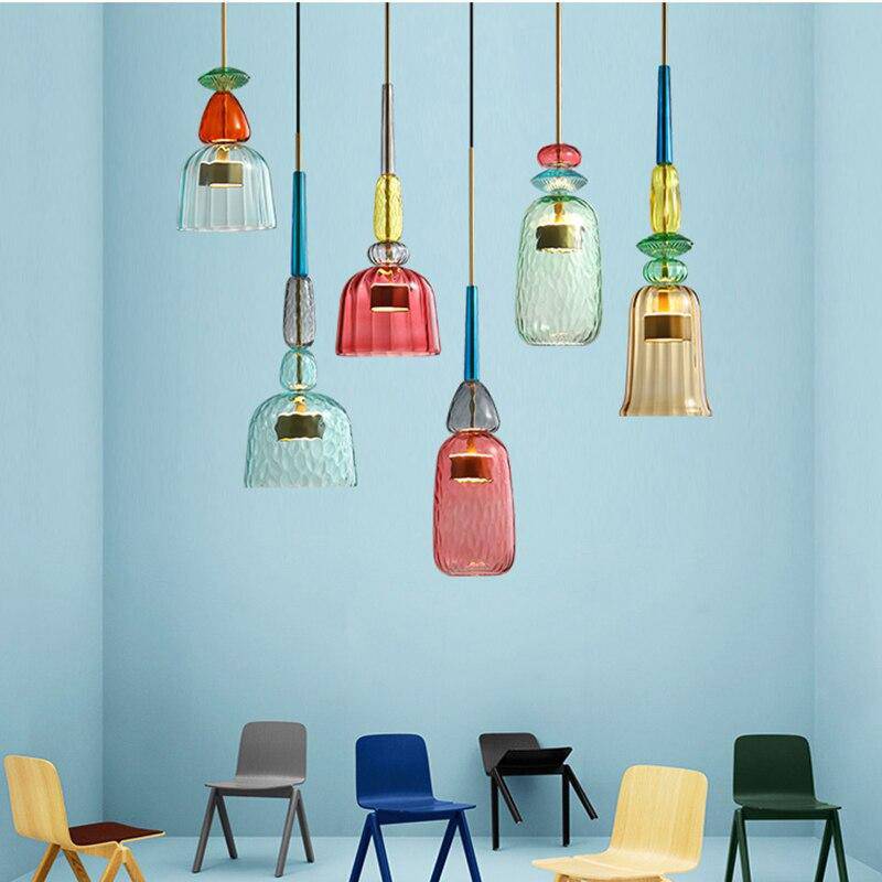 Hanging Glass Shade Fixture with LED Bulb – Adjustable Height Iron Ceiling Light for Kitchen Island Dining Room Bedroom – 6 in Colored Glass | Thomler