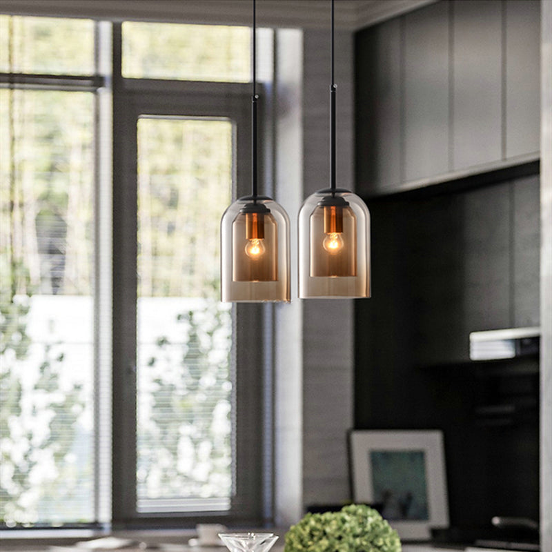 Doppellagige Glas-Pendelleuchte für Kücheninsel & Esszimmer – Mattschwarzes Eisen mit verstellbarem 200-cm-Kabel, E27-Fassung – Modern Industrial | Thomler