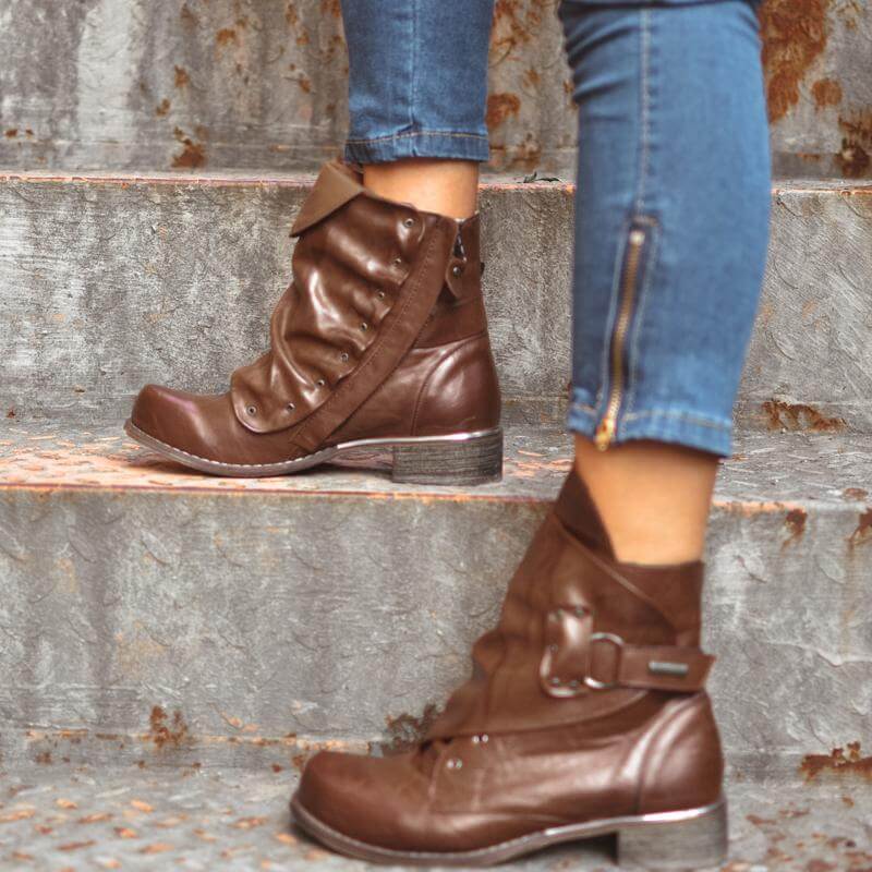 Damen-Winterstiefeletten mit gerafftem Detail & seitlichem Reißverschluss – Flache vegane Lederstiefelette mit runder Zehenkappe für kaltes Wetter