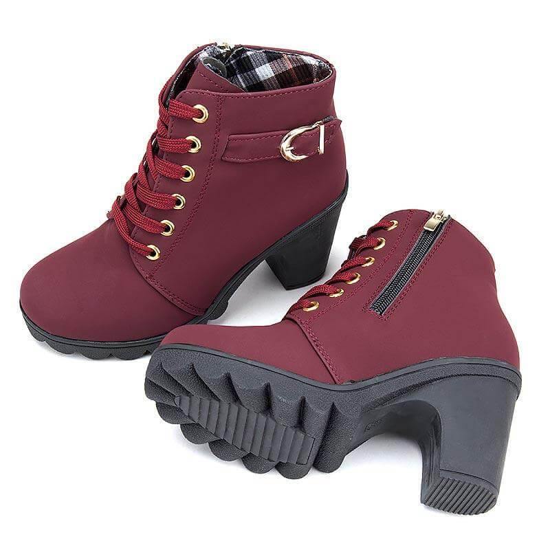 Women's Block Heel Ankle Boots with Side Zip – Faux Leather Winter Booties