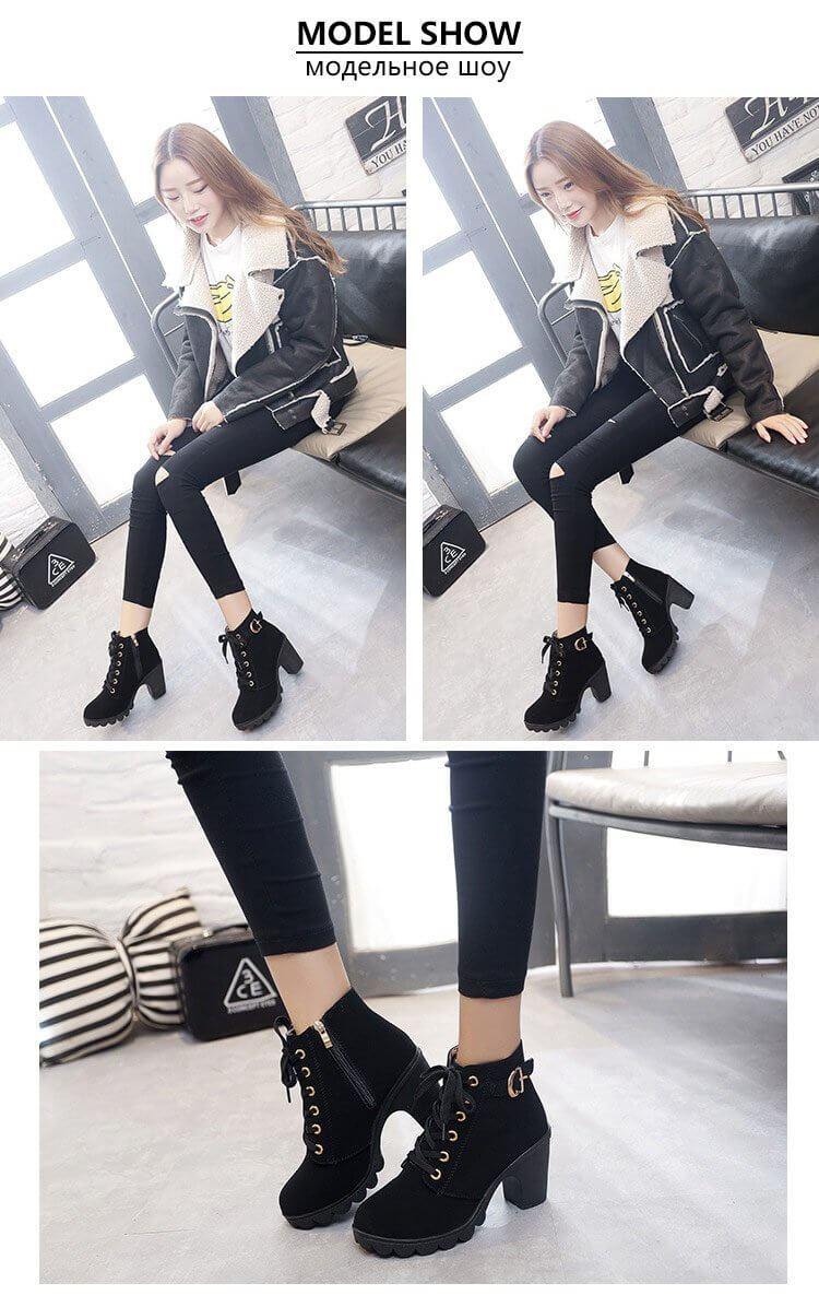 Women's Block Heel Ankle Boots with Side Zip – Faux Leather Winter Booties