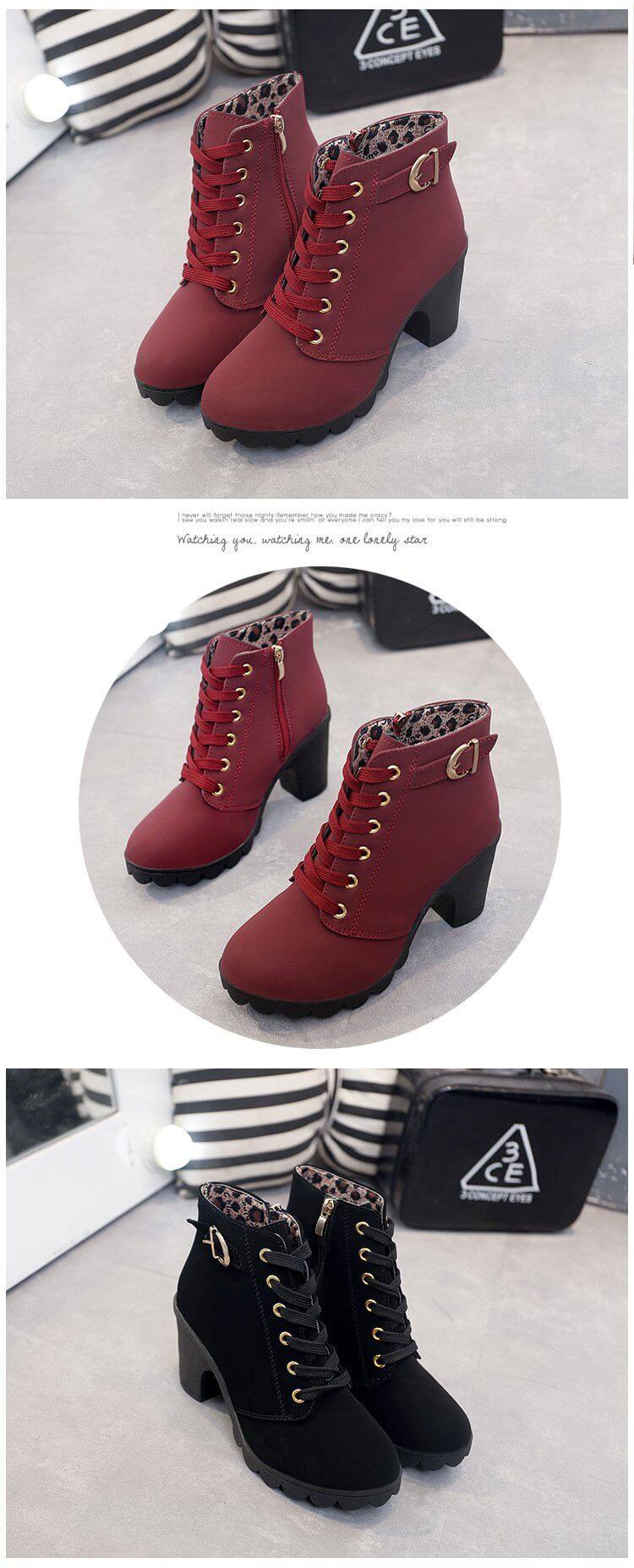 Women's Block Heel Ankle Boots with Side Zip – Faux Leather Winter Booties