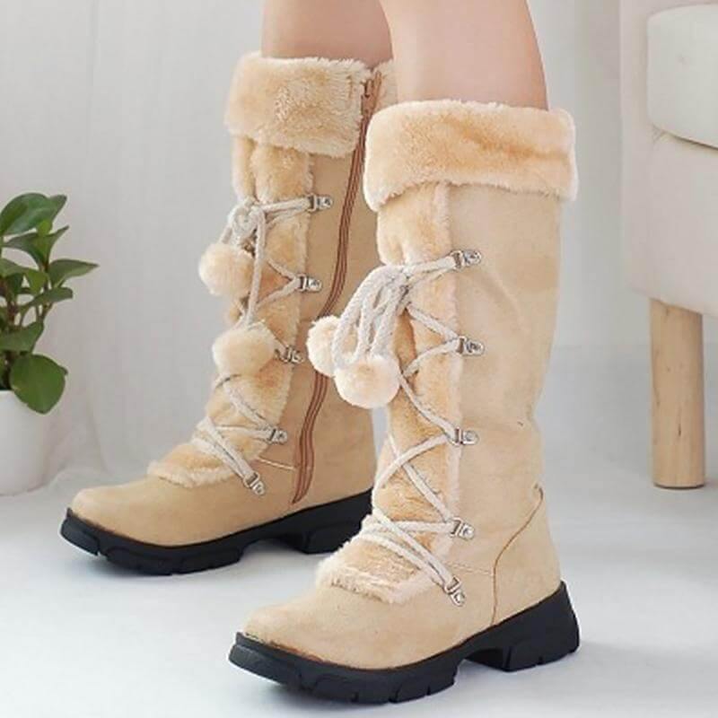 Women's Mid-Calf Winter Boots with Bow Accent & Lace-Up Design – Plush-Lined Wedge Snow Boots for Cold Weather