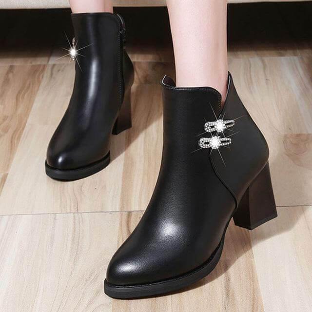 Women's Crystal-Accent Ankle Boots with Block Heel & Side Zipper