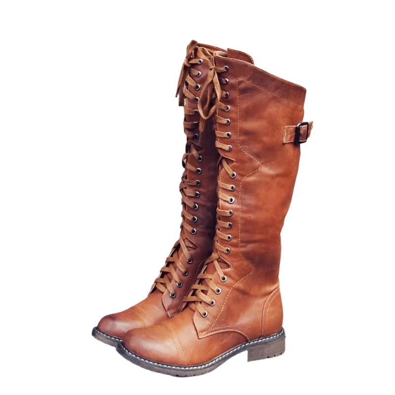 Botas de piel hasta la rodilla con cordones, cremallera lateral y ganchos metálicos para mujer, para uso diario, trabajo y estilo de fin de semana | Thomler