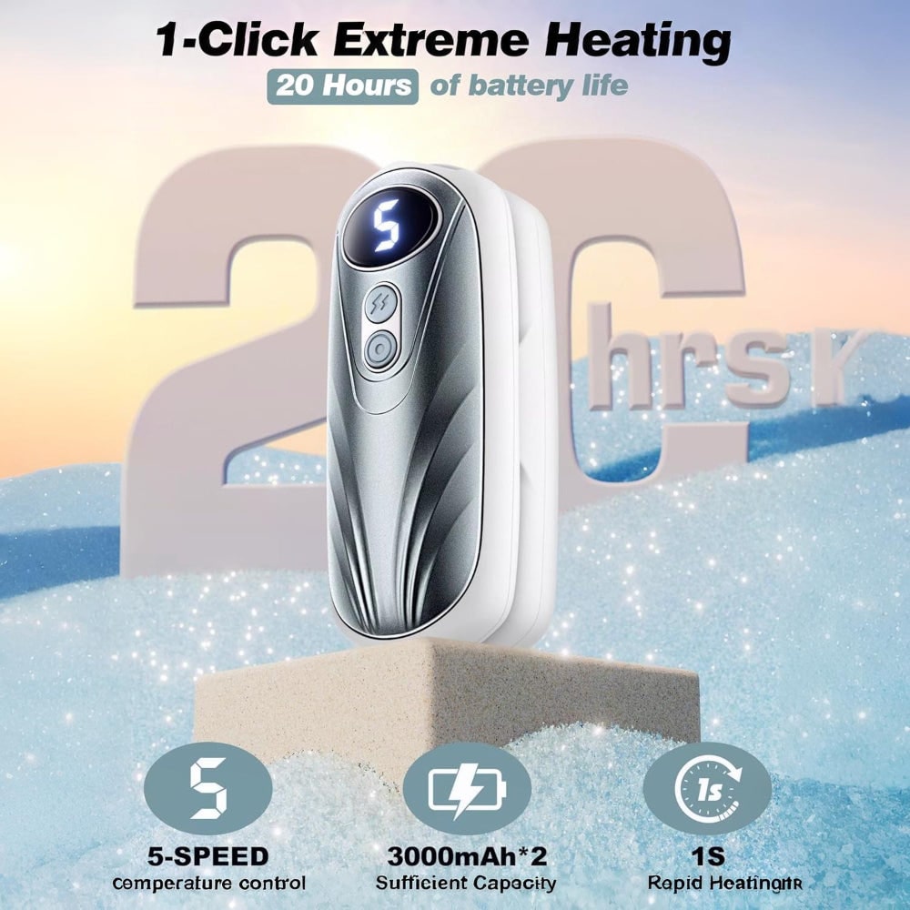 USB Hand Warmers 5-Heat LED Display Pocket Heaters Rechargeable Set 2-Pack for Skiing Winter Commute