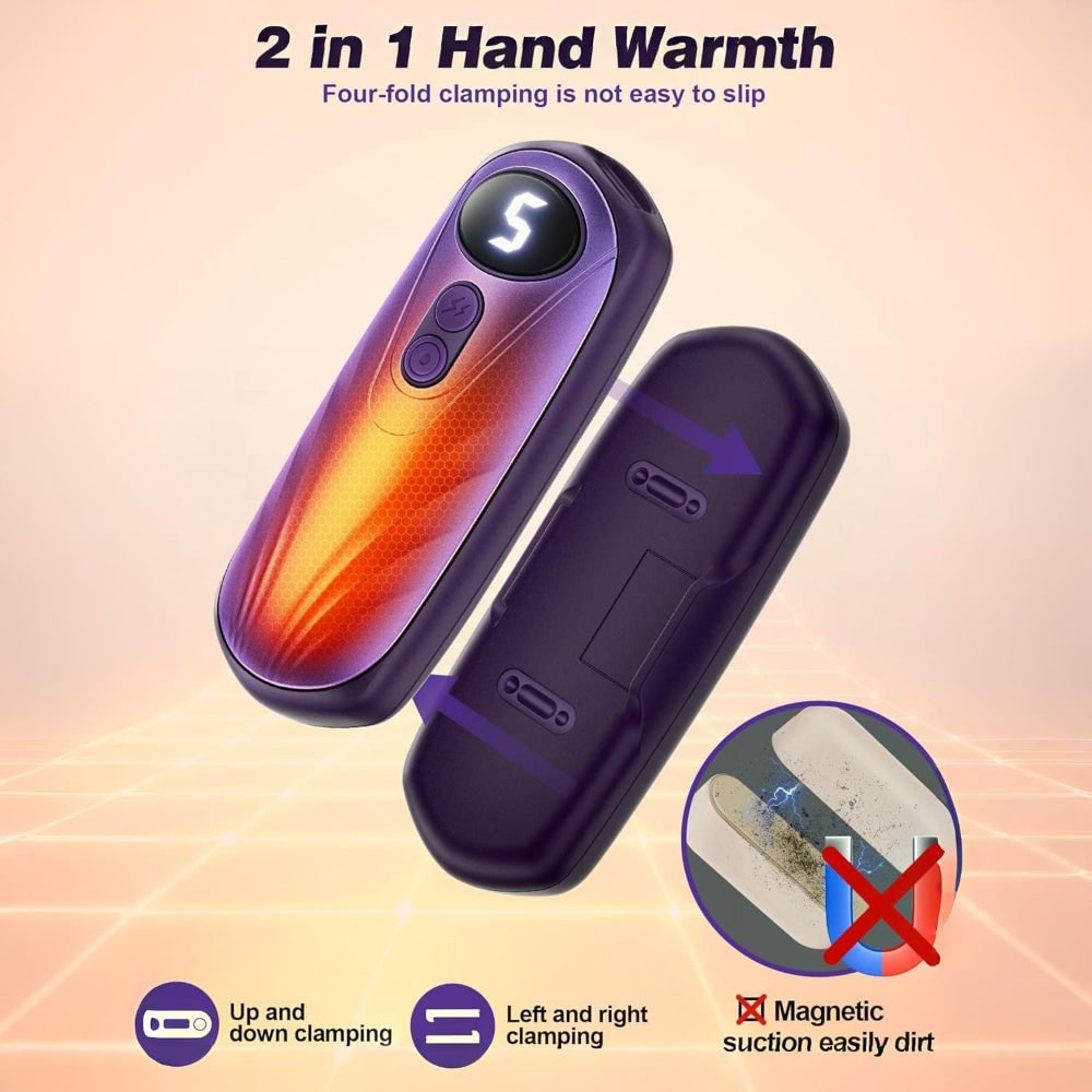 USB Hand Warmers 5-Heat LED Display Pocket Heaters Rechargeable Set 2-Pack for Skiing Winter Commute