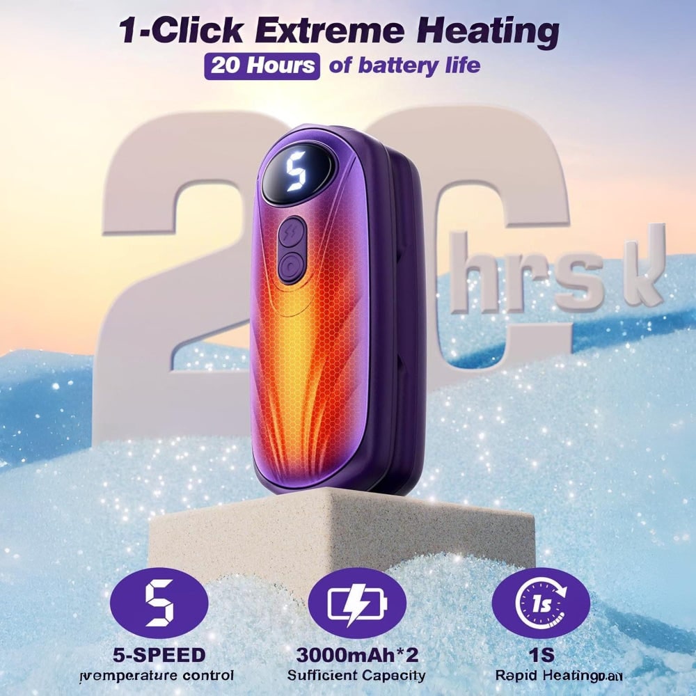 USB Hand Warmers 5-Heat LED Display Pocket Heaters Rechargeable Set 2-Pack for Skiing Winter Commute