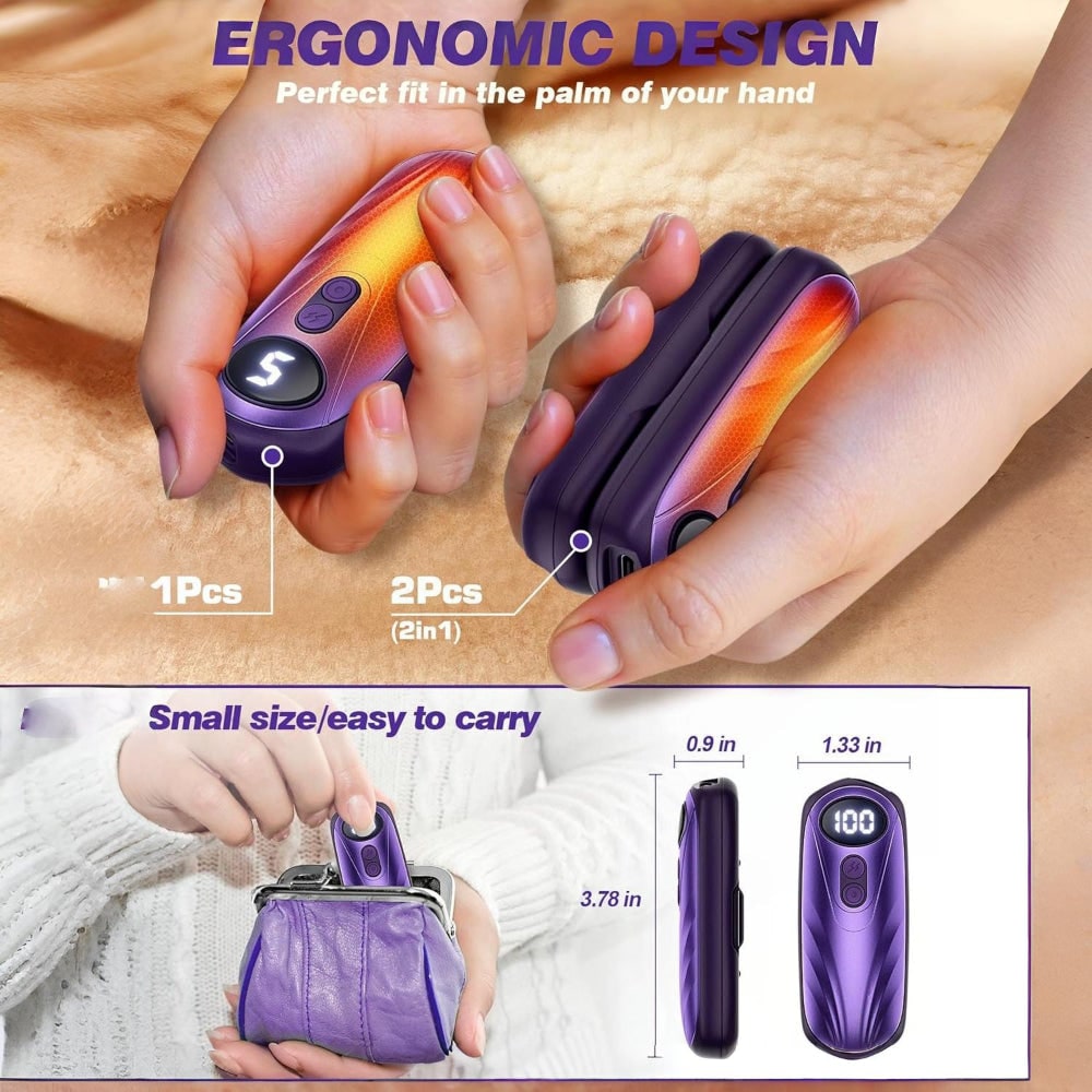 USB Hand Warmers 5-Heat LED Display Pocket Heaters Rechargeable Set 2-Pack for Skiing Winter Commute