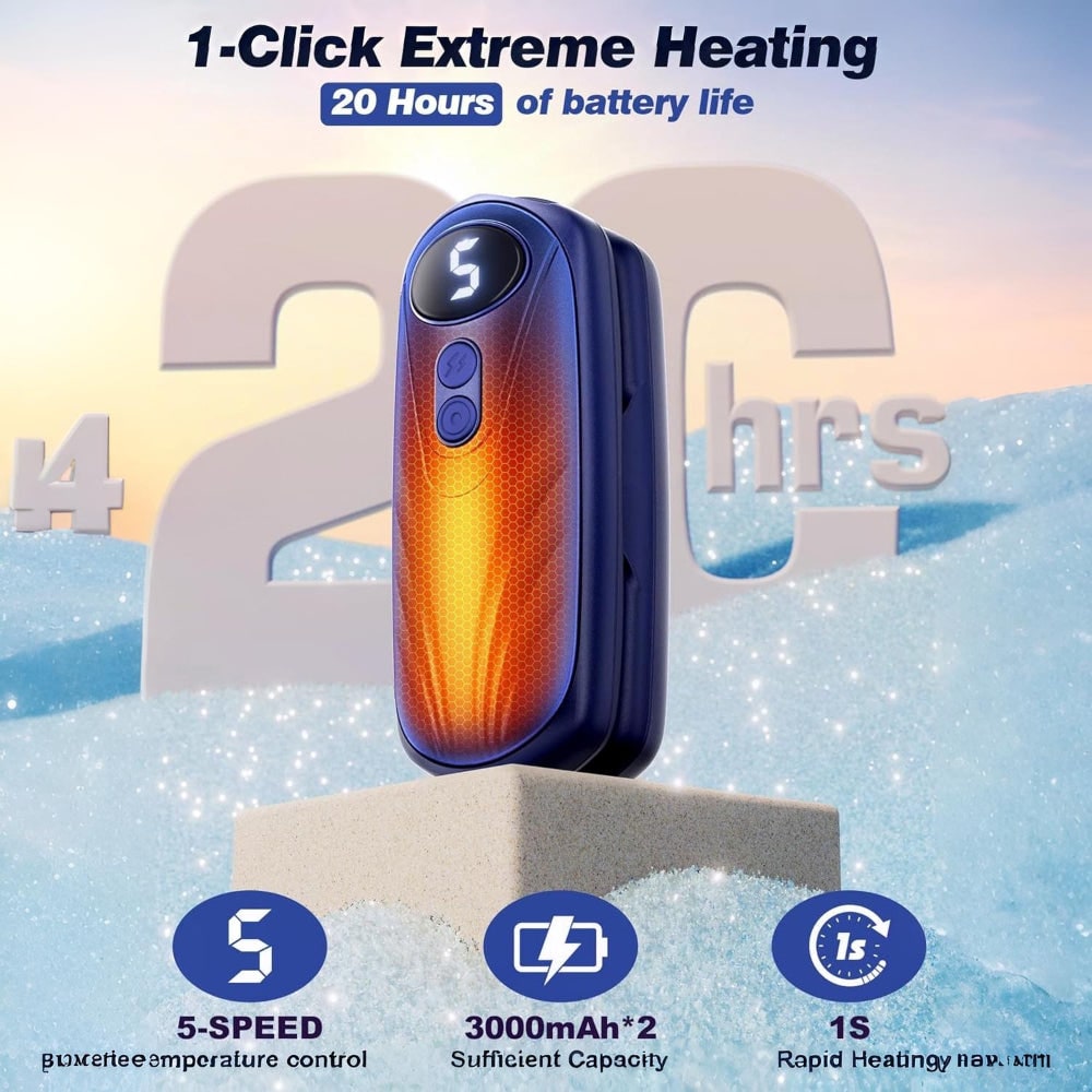 USB Hand Warmers 5-Heat LED Display Pocket Heaters Rechargeable Set 2-Pack for Skiing Winter Commute
