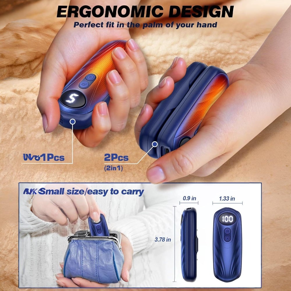 USB Hand Warmers 5-Heat LED Display Pocket Heaters Rechargeable Set 2-Pack for Skiing Winter Commute