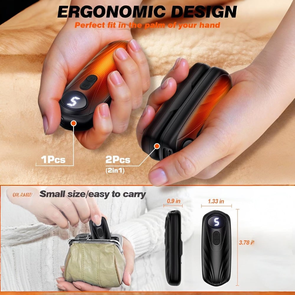 USB Hand Warmers 5-Heat LED Display Pocket Heaters Rechargeable Set 2-Pack for Skiing Winter Commute