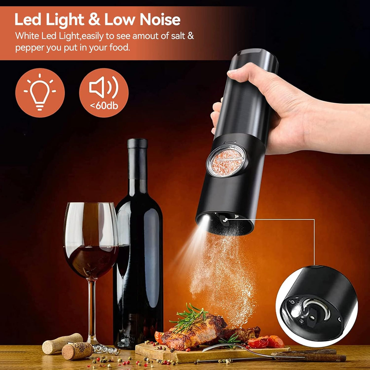 Molinillo eléctrico recargable por USB para especias y condimentos: Molinillo automático de acero inoxidable con un solo toque y ajuste de grosor regulable
