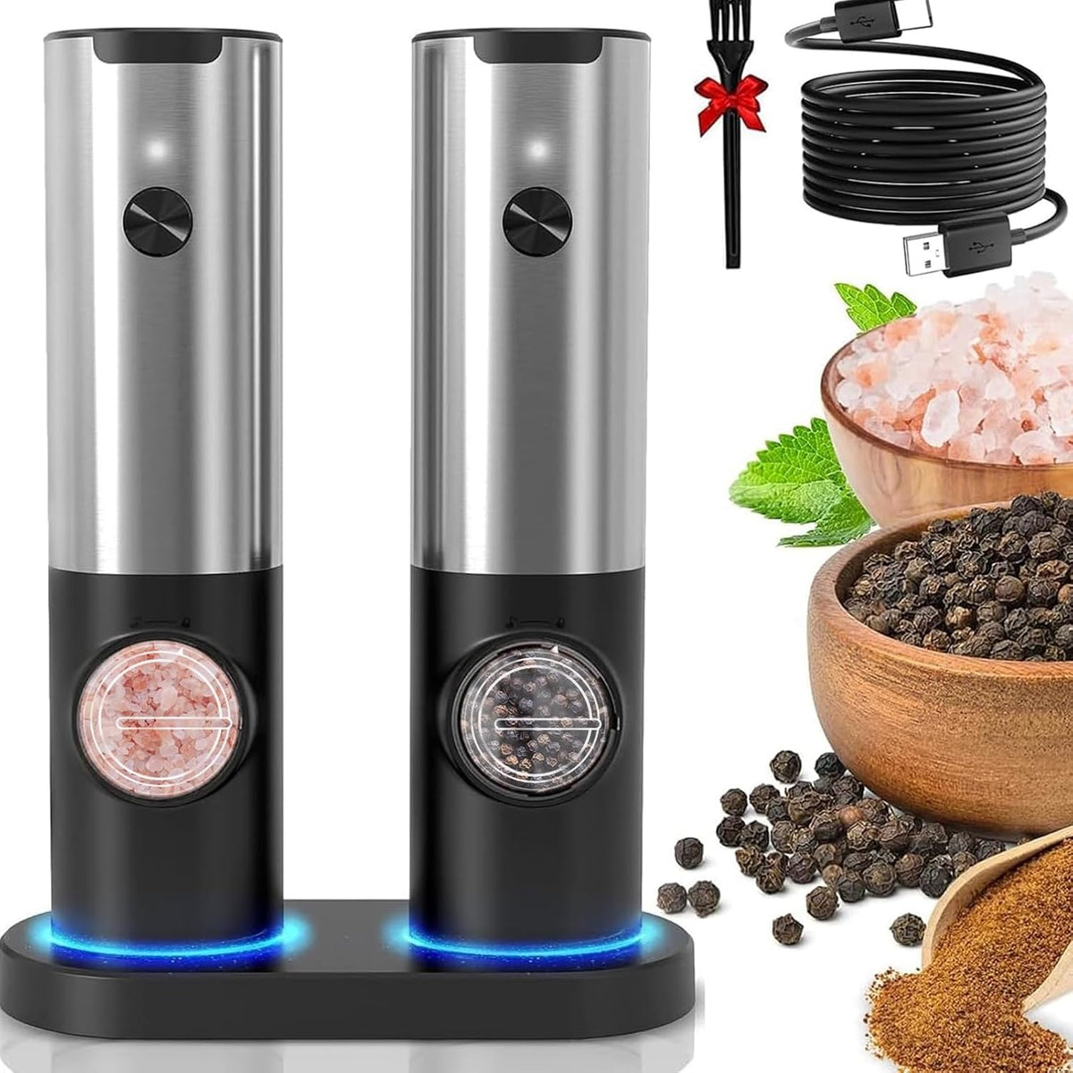 Molinillo eléctrico recargable por USB para especias y condimentos: Molinillo automático de acero inoxidable con un solo toque y ajuste de grosor regulable