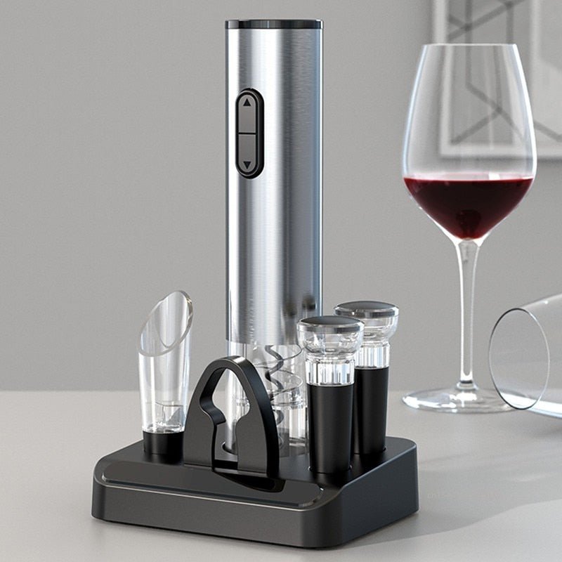 Automatic Wine Bottle Opener Cordless Rechargeable Set with Vacuum Pump & Pouring Spout for Parties Kitchens Dining Tables Silver Stainless | Thomler