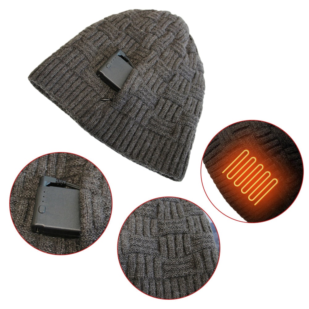 Rechargeable Electric Heated Knit Beanie with Built-In 3400mAh Power Bank for Outdoor Winter Activities