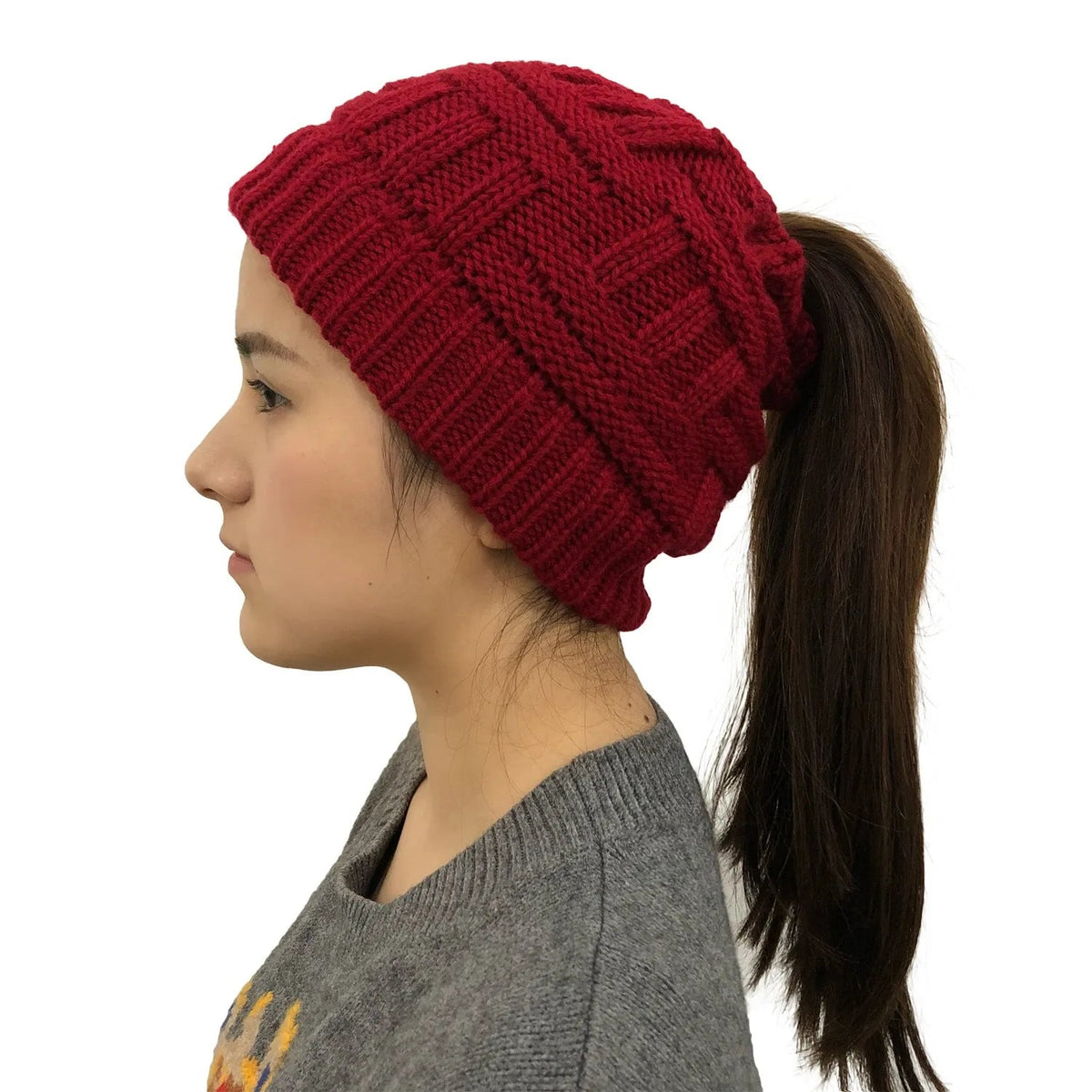 Cable-Knit Ponytail Beanie for Women – Stretchy Acrylic Wool Winter Hat