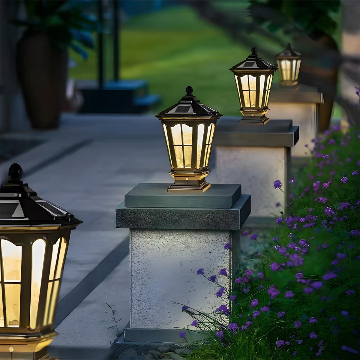 Solarhekpaallamp van gegoten aluminium 43 cm hoog, warm-witte led-lantaarn, waterdicht voor oprit, terras, pilaar, tuin, pad, poortpaal, buitenverlichting | Thomler