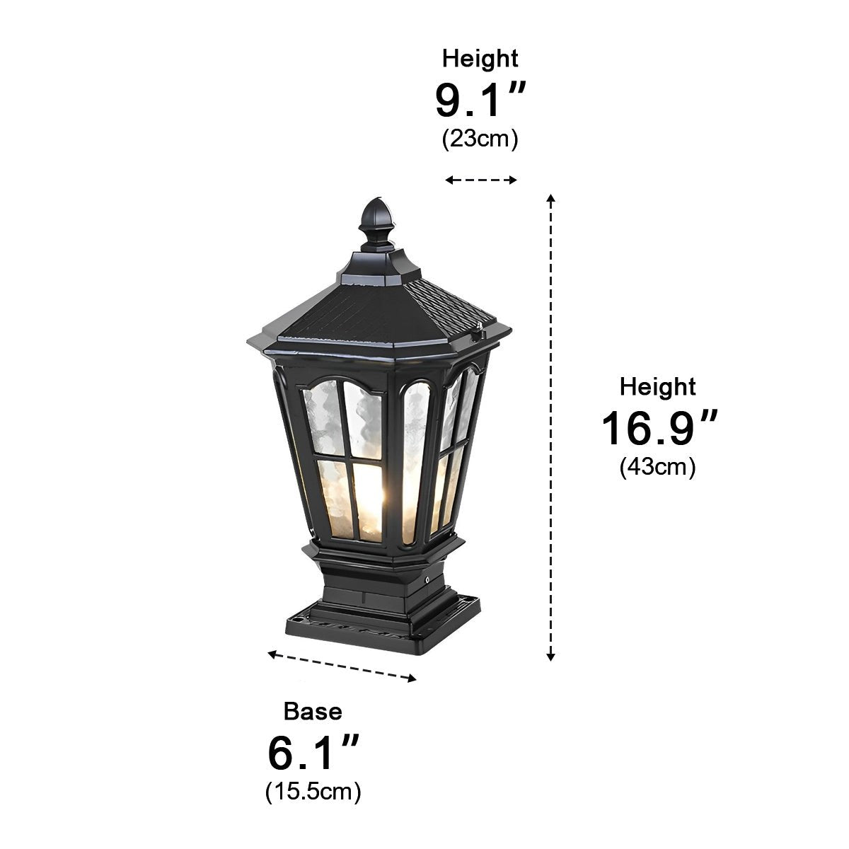 Solarhekpaallamp van gegoten aluminium 43 cm hoog, warm-witte led-lantaarn, waterdicht voor oprit, terras, pilaar, tuin, pad, poortpaal, buitenverlichting | Thomler