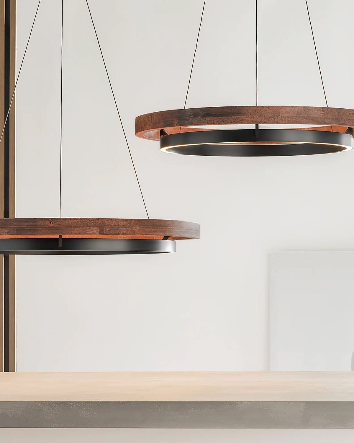 Dual-Ring LED Overhead Fixture Walnut & Black Finish Contemporary Dining Room Suspended Lighting 24-40 Inch Ceiling Mount | Thomler