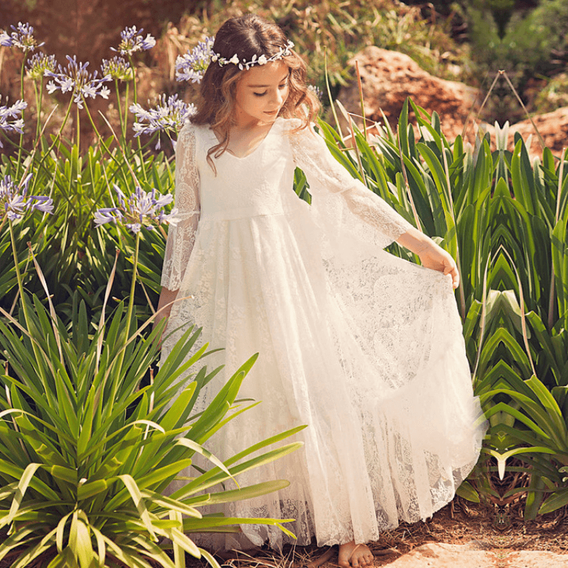 Girls White Lace Communion Dress with Bohemian Details for First Communion Ceremonies and Special Occasions | Thomler