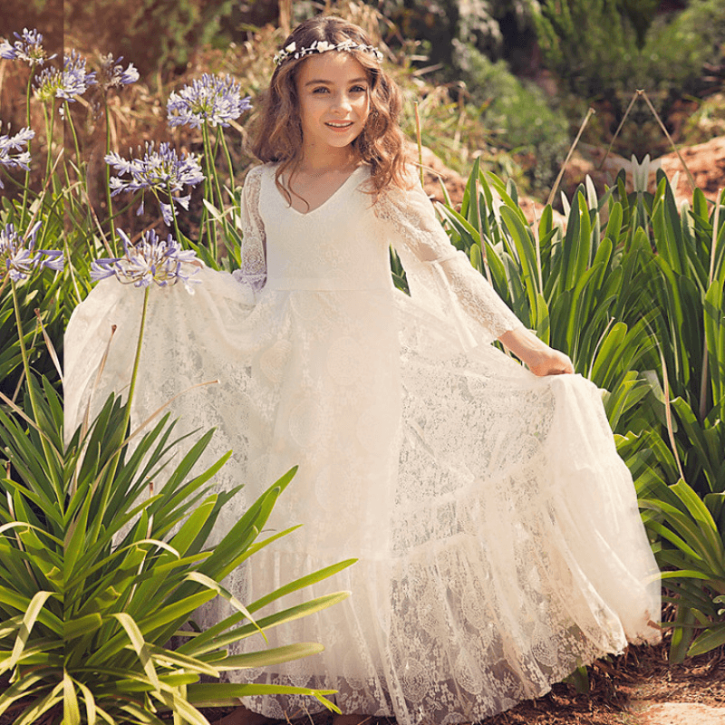 Girls White Lace Communion Dress with Bohemian Details for First Communion Ceremonies and Special Occasions | Thomler