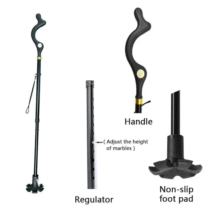 Verstelbare wandelstok met ergonomische handgreep en 360-graden voet, 12 hoogte-instellingen