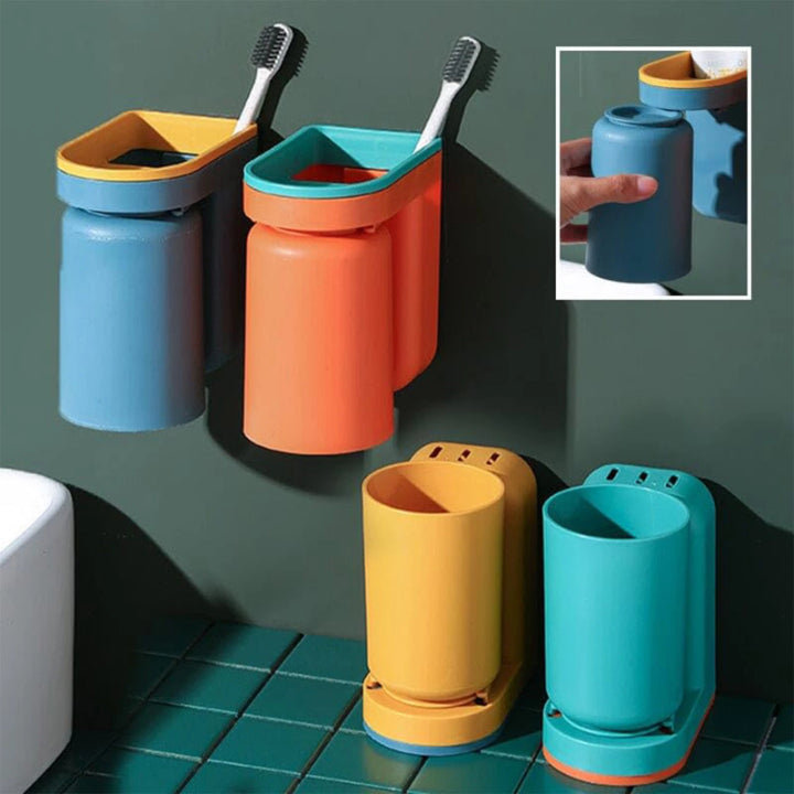Wall-Mount Toothbrush Caddy Adhesive Bathroom Organizer 4.9 in Drill-Free Toothpaste Cup Holder for Sink Counter Space Saving | Thomler
