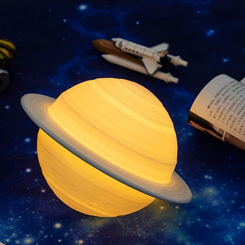 Rechargeable Planet Night Light with Remote Control, Dual Color LED, 3D Printed Ringed Globe Decorative Accent Lamp for Bedroom, Living Room | Thomler
