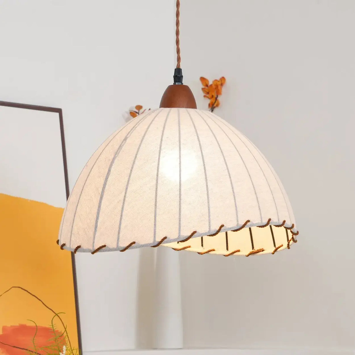 Wood & Linen Drum Ceiling Light 59 in Drop for Dining Tables Kitchen Islands E27 Socket Adjustable Hanging Fixture Natural Minimalist | Thomler