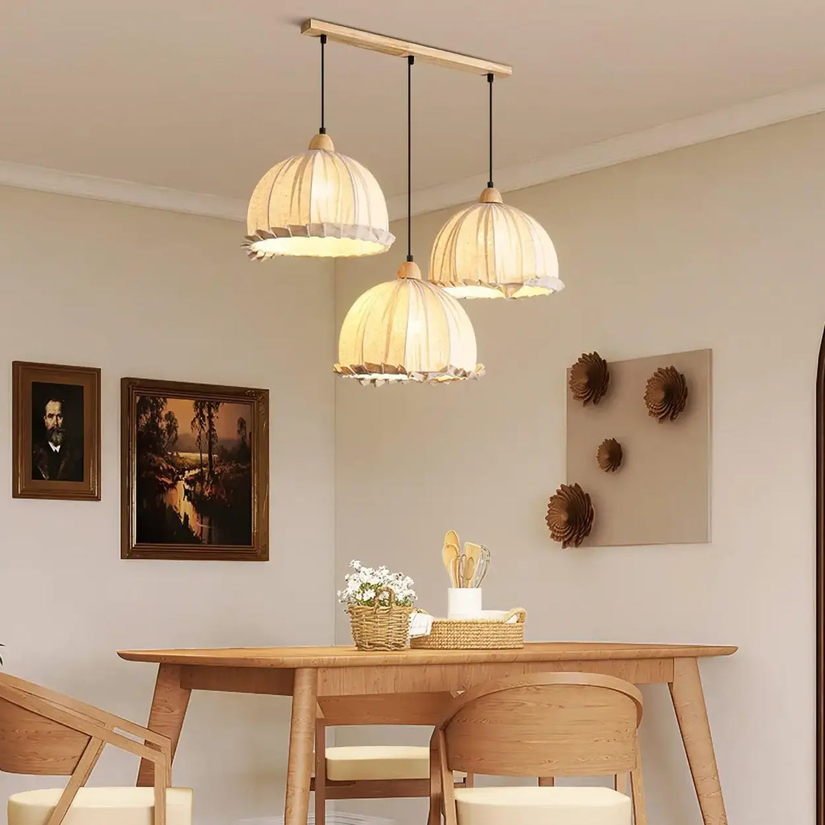 Wood & Linen Drum Ceiling Light 59 in Drop for Dining Tables Kitchen Islands E27 Socket Adjustable Hanging Fixture Natural Minimalist | Thomler