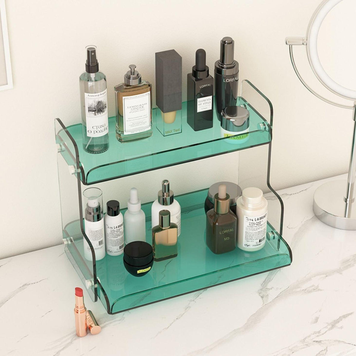 Acrylic Dual-Tier Vanity Organizer Purple 12.6 in Wide Bathroom Countertop Storage Rack for Makeup Skincare Toiletries | Thomler