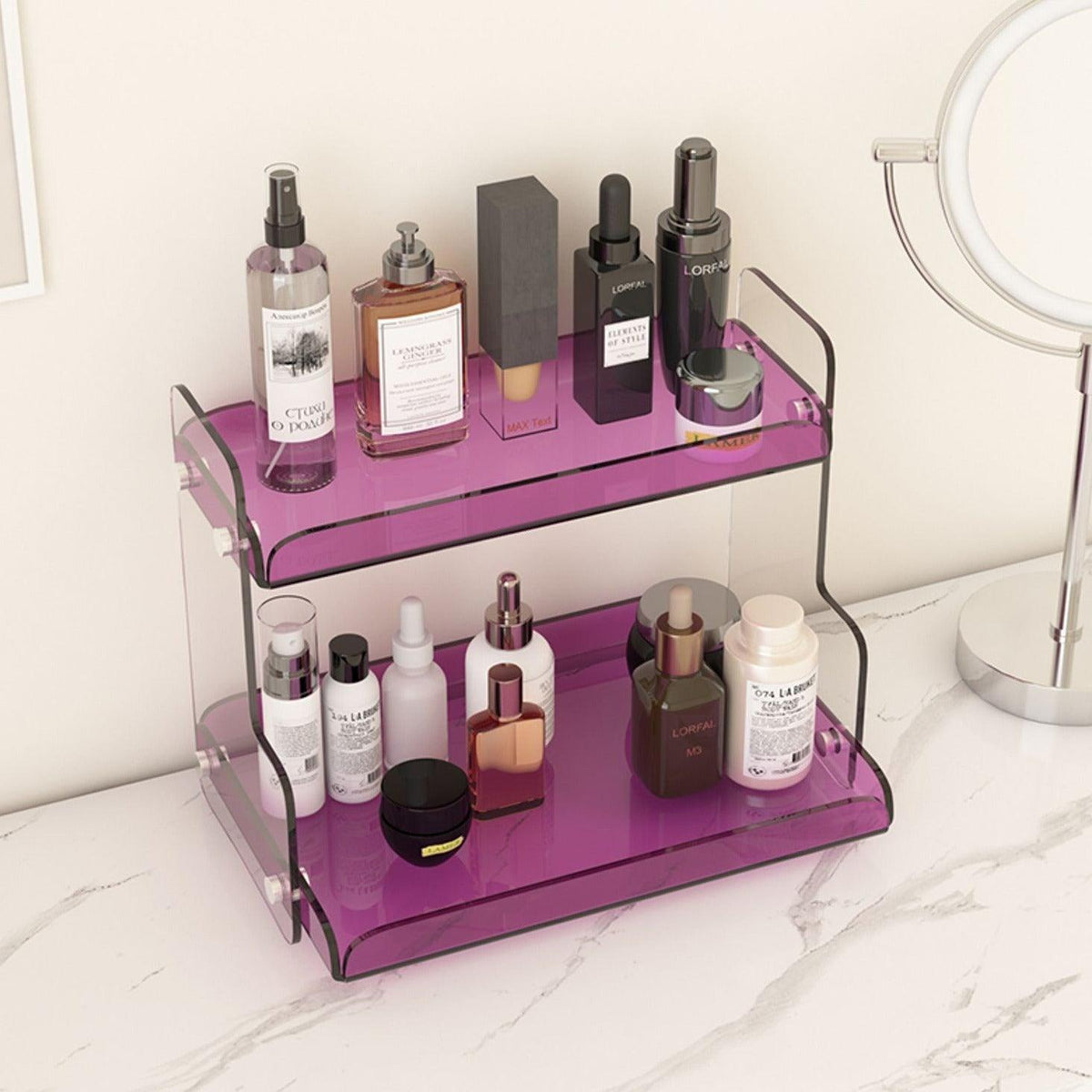 Acrylic Dual-Tier Vanity Organizer Purple 12.6 in Wide Bathroom Countertop Storage Rack for Makeup Skincare Toiletries | Thomler