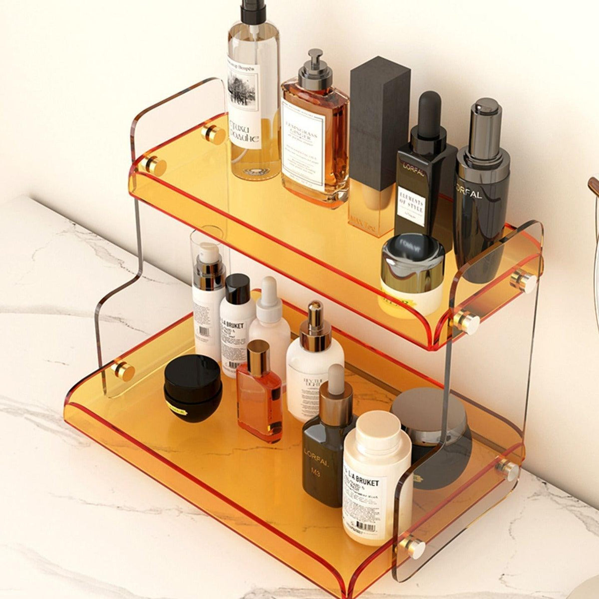 Acrylic Dual-Tier Vanity Organizer Purple 12.6 in Wide Bathroom Countertop Storage Rack for Makeup Skincare Toiletries | Thomler