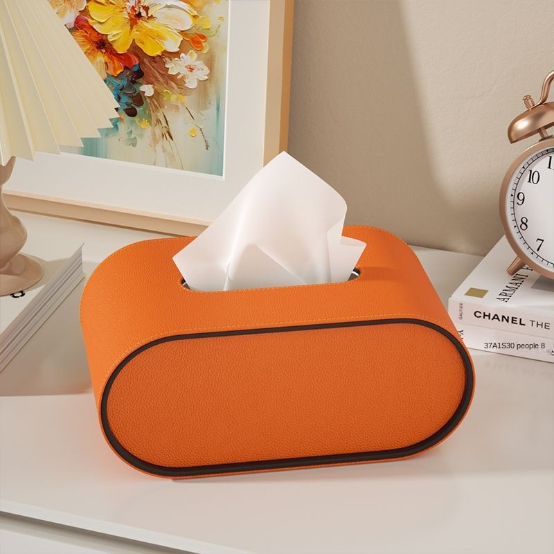 Tissuebox aus Kunstleder, ovaler Schreibtisch-Organizer für Zuhause, Büro, Schlafzimmer, Badezimmer, Spender mit Soft-Close-Funktion, Grau, Beige, Orange | Thomler