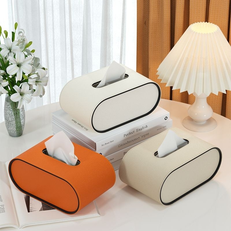 Faux Leather Tissue Dispenser Oval 9 × 5 × 4 Inches Desktop Organizer Napkin Caddy Home Office Bedroom Bathroom Tabletop Storage Accessories | Thomler