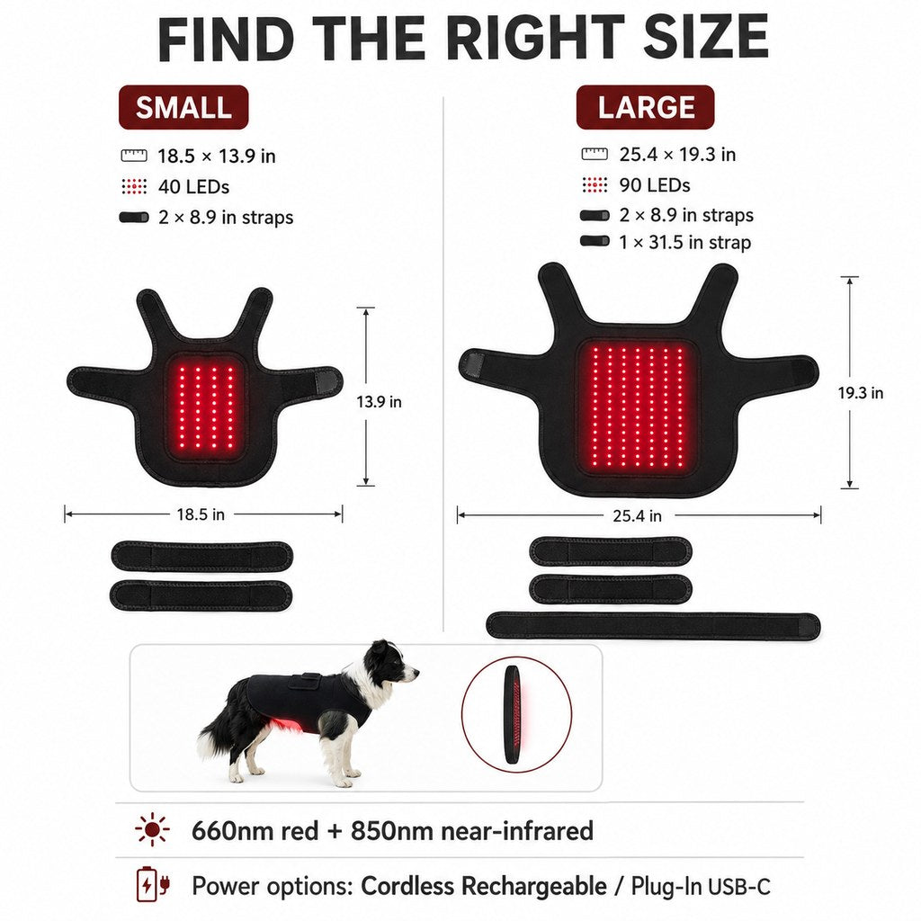 Chaleco de luz roja para mascotas (perros y gatos) – Envoltura de confort con infrarrojo cercano de 660 nm + 850 nm para espalda, cadera y articulaciones – Recargable por USB