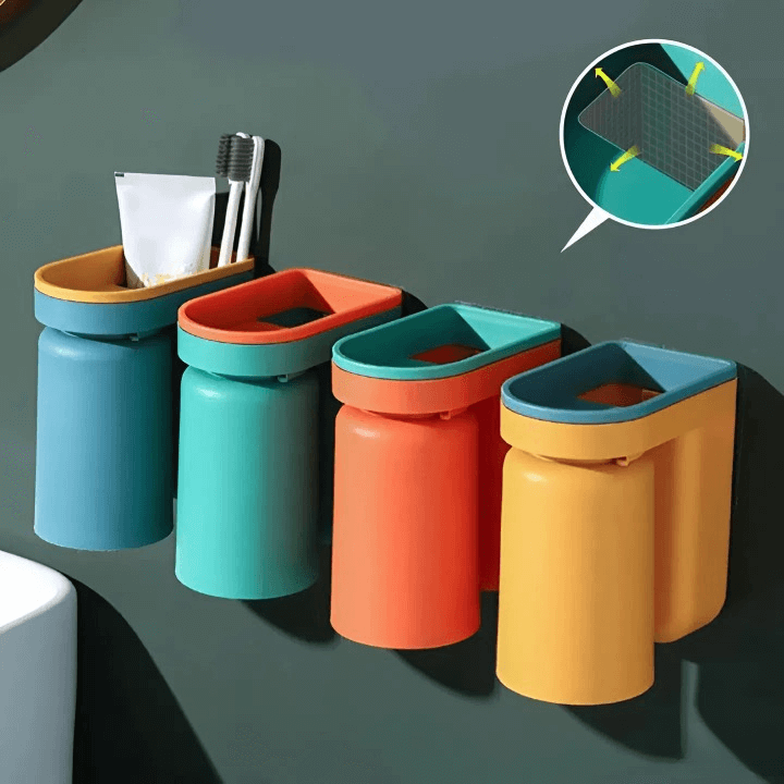 Wall-Mount Toothbrush Caddy Adhesive Bathroom Organizer 4.9 in Drill-Free Toothpaste Cup Holder for Sink Counter Space Saving | Thomler
